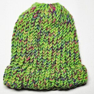 Handmade Beanie Hat - Chunky Knit Multicolor Green.